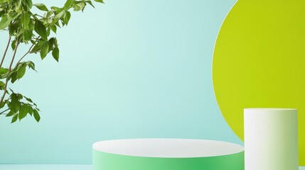 Poster - Colorful Dynamic Three-Dimensional Shapes with Greenery on a Soft Blue Background in Modern Design Aesthetic