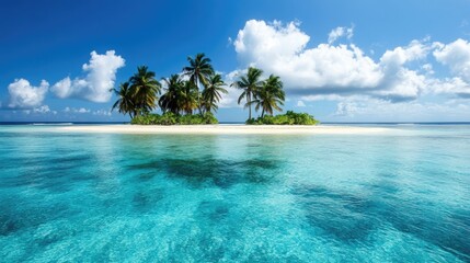 Poster - Secluded Tropical Island with Palm Trees and Crystal Clear Waters under a Bright Blue Sky