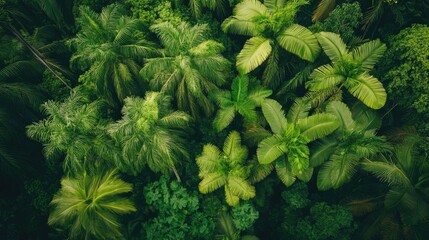 Poster - Lush green tropical forest canopy showcasing vibrant palm trees and dense foliage from an aerial perspective.