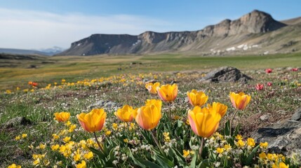 Fototapete - Wild tulips Tulipa gesneriana and Tulipa schrenkii blooming in a scenic mountain valley with colorful flowers and rocky landscape in springtime.