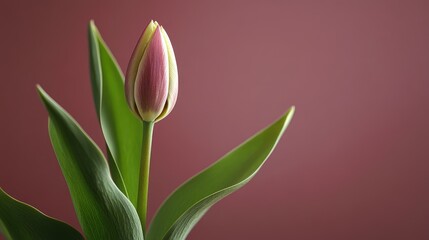 Poster - Elegant pink tulip blooming surrounded by lush green leaves on a soft colored background in a tranquil garden setting.