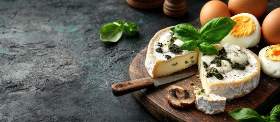 Aufkleber - Green cheese and mushrooms garnished with fresh basil on rustic wooden cutting board with knife, featuring soft eggs and fried onions in dark kitchen setting.