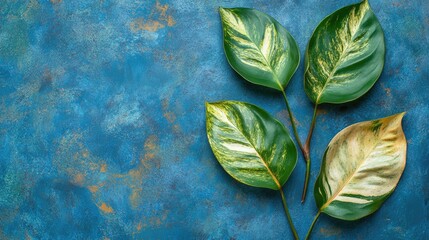 Aufkleber - Tropical leaves on blue textured background for summer designs with space for text in a minimal flat lay style