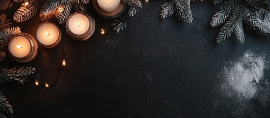 Aufkleber - Wooden table adorned with candles and Christmas tree branches on dark background featuring empty space for festive text or messages