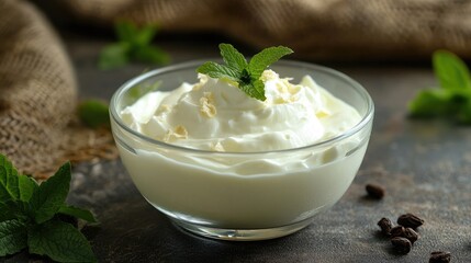 Aufkleber - Turkish yogurt served in a glass bowl garnished with mint leaves on a rustic table setting