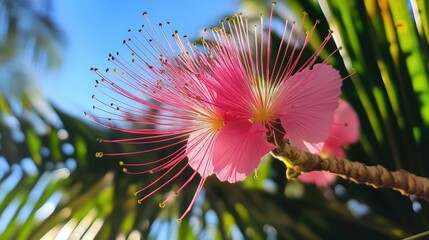 Poster - Vibrant pink tropical flower with delicate stamens against a lush green background showcasing nature's beauty in a tropical setting