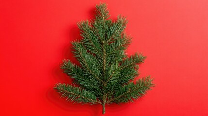 Poster - Christmas tree branch with lush green needles on vibrant red background, perfect for festive greeting cards and holiday designs.
