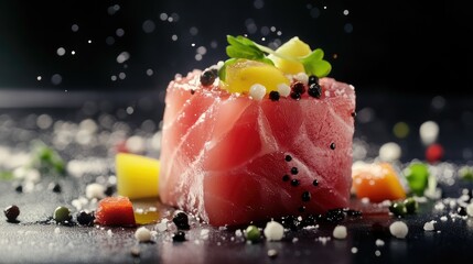 Poster - Raw tuna steak beautifully presented with vibrant garnishes on a dark background, highlighting fresh ingredients and culinary artistry.