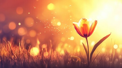 Leinwandbilder - Tulip blooming at sunset with vibrant bokeh effects and soft grass background creating a serene atmosphere embraced by warm light.