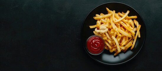 Aufkleber - Top view of golden crispy French fries with ketchup and mayonnaise in a black plate, set against a dark background with ample negative space for text.