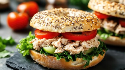 Poster - Tuna salad bagel sandwich with fresh tomatoes and celery on a toasted sesame seed bagel served with crisp lettuce and vibrant cherry tomatoes