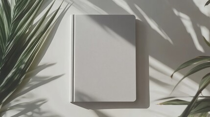 Poster - Top view of a minimalist grey notebook on a bright white desk surrounded by green palm leaves in a modern office workspace setting