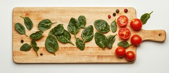 Poster - Vibrant spinach leaves and ripe red tomatoes neatly arranged on a wooden cutting board with a clean background for text overlay in a kitchen setting.