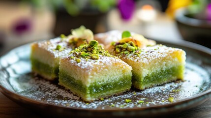 Aufkleber - Turkish dessert featuring pistachio and butter beautifully plated with decorative elements and vibrant colors