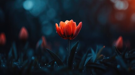 Poster - Vibrant orange and red tulip flower blooming in a dark garden setting with water droplets on petals and soft bokeh background.