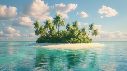 Aufkleber - Serene tropical island with sandy beach and vibrant palms set against a calm lagoon and clear skies. Perfect for travel and relaxation themes.