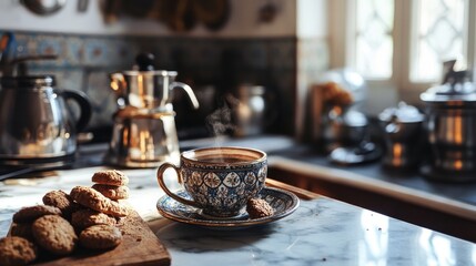 Poster - Traditional Turkish coffee served with biscuits in a cozy kitchen setting featuring vintage utensils and warm lighting.