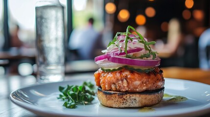 Poster - Gourmet Tuna Burger Served with Sparkling Water and Fresh Vegetables on Stylish Plate in Elegant Restaurant Setting