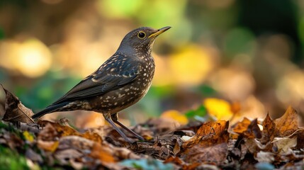 Aufkleber - Eurasian thrush foraging in autumn leaves with a soft bokeh background showcasing fall colors and nature's beauty.