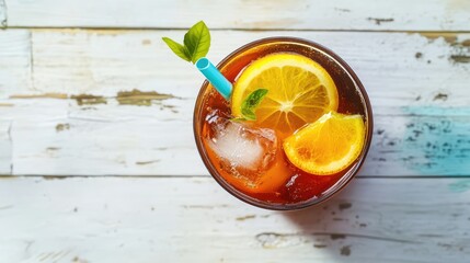 Aufkleber - Top view of vibrant citrus iced tea with lemon and orange slices in a clear glass on a rustic white wooden table with copy space