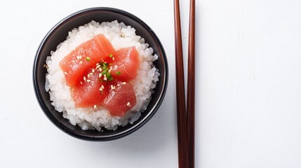 Poster - Tuna Sashimi on Rice Bowl with Chopsticks and Garnish Isolated on White Background