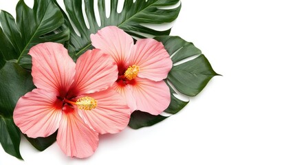 Aufkleber - Tropical hibiscus flowers with lush green leaves arranged artistically on a clean white background for a vibrant natural look