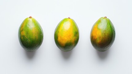 Poster - Fresh tropical mangoes arranged on a white background showcasing their vibrant colors and natural beauty from a top view perspective