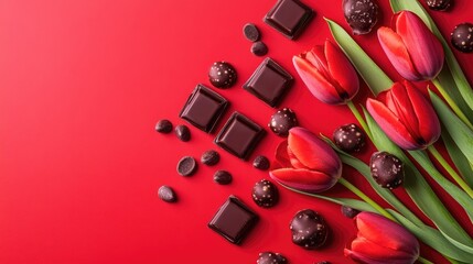 Poster - Vibrant red tulips paired with assorted chocolate candies on a striking red background for a romantic or festive theme.