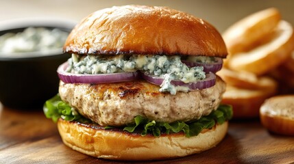 Poster - Turkey burger topped with gorgonzola cheese and caramelized red onions served on a toasted bun with fresh lettuce and crispy sides