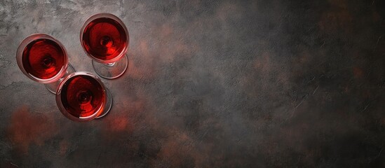 Aufkleber - Top view of three red wine glasses on a textured dark background with ample blank space for elegant text or branding purposes