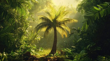 Poster - Lush tropical palm tree amidst verdant foliage in a serene jungle setting with dappled sunlight filtering through the misty atmosphere