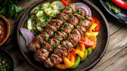 Poster - Sizzling Adana kebab served with colorful vegetables on a rustic wooden table showcasing traditional Turkish cuisine