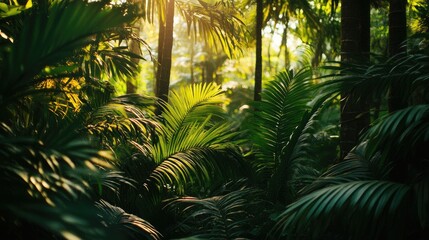 Poster - Lush tropical forest scene illuminated by sunlight with vibrant green foliage and dense palm trees creating a serene natural atmosphere