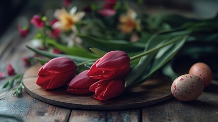 Aufkleber - Tulips and Easter eggs arranged on a wooden surface celebrating springtime and seasonal festivities.