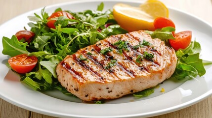 Aufkleber - Grilled Tuna Steak Served With Fresh Salad And Lemon On White Plate