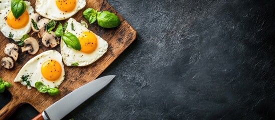 Poster - Green cheese with mushrooms and fresh basil slices stuffed with mozzarella served on a wooden cutting board with fried eggs and onions on a dark background
