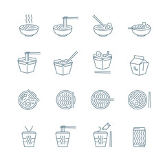 Poster - Noodle Japanese Food Sign Black Thin Line Icon Set. Vector illustration of Instant Noodles in Box and Asian Ramen Soup Icons