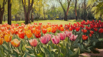 Poster - Vibrant Tulip Field in a Sunlit Park Surrounded by Lush Green Trees and Spring Blossoms