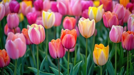 Poster - Vibrant tulip fields in Holland showcasing a colorful array of pink, yellow, and orange blooms in full spring bloom.