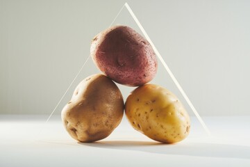 Poster - Three potatoes of different colors forming a triangle shape against a light background.