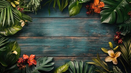 Poster - tropical foliage framing a weathered wooden background creating a serene natural atmosphere for desi