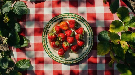 Poster - Freshly harvested strawberries arranged on a decorative plate atop a vibrant red and white checkered tablecloth surrounded by green foliage in a natural outdoor setting