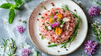 Poster - Fresh Tuna Tartare Plate with Edible Flowers and Herbs Surrounded by Vibrant Greenery on a Rustic Gray Background with Soft Light Tones