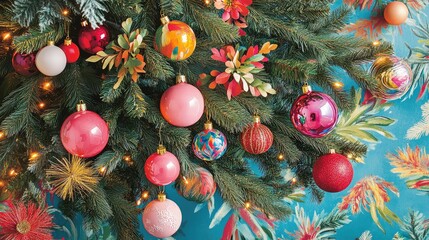 Poster - Vibrant Christmas tree adorned with colorful ornaments and fairy lights against a bright floral backdrop in shades of blue and green