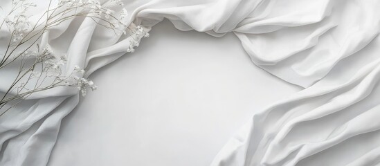 Poster - Elegant top view of white comforter and bed sheets arranged softly on a light background with delicate floral accents, ideal for cozy home decor concepts.