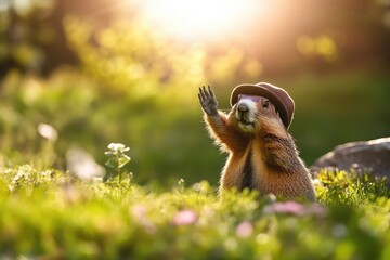 Wall Mural - A ground squirrel stands upright in the grass, looking around