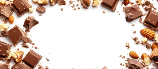 Poster - Top view of assorted broken dark and milk chocolate with crushed nuts framed by empty space for text on a clean white background