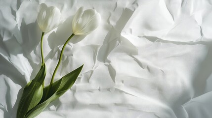 Aufkleber - Elegant white tulip flowers on a textured white background illuminated by soft studio light for a serene and minimalistic aesthetic.