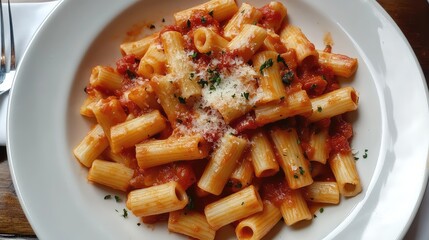 Poster - Delicious top view of a white plate filled with rigatoni pasta tossed in rich marinara sauce, garnished with fresh parsley and grated cheese.