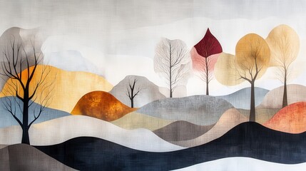 Poster - Artistic Textile Design Showcasing Abstract Landscape with Trees and Hills in Subtle Earth Tones